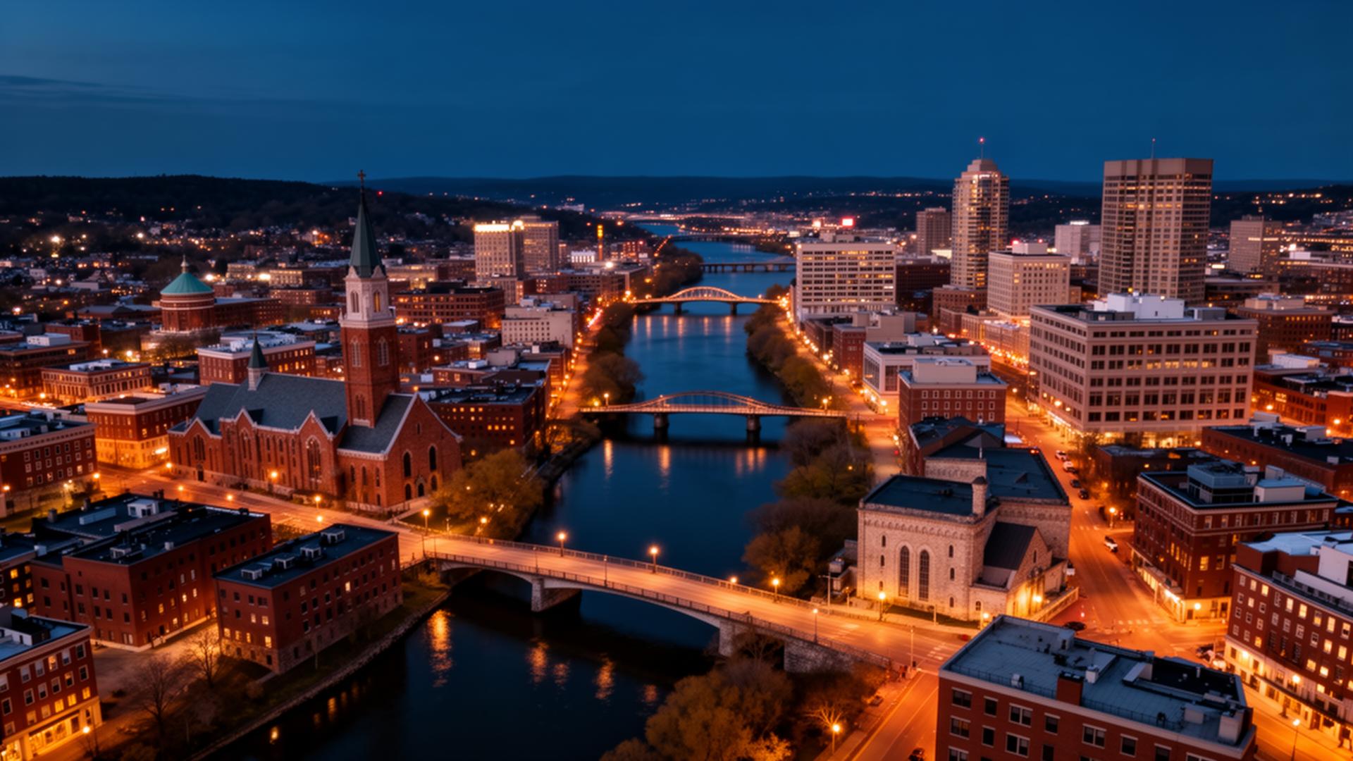 Aerial view of downtown Providence at dusk