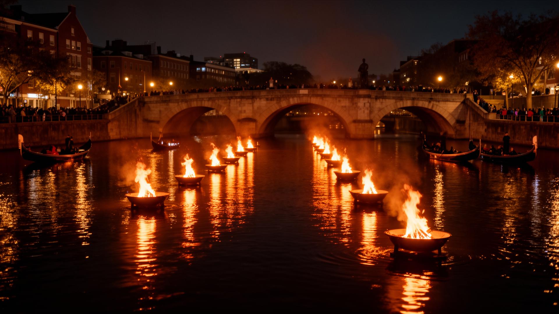 WaterFire braziers burning on the Providence River at night